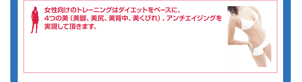 女性向けのトレーニングはダイエットをベースに、4つの美（美脚、美尻、美背中、美くびれ）、アンチエイジングを実現して頂きます。